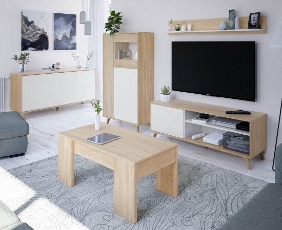 Composición de salón con mueble tv, vitrina, aparador y mesa de centro