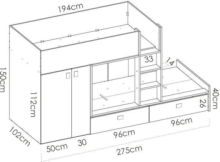 Cama tren para colchón de 190x90 color blanco /natural - Imagen 4