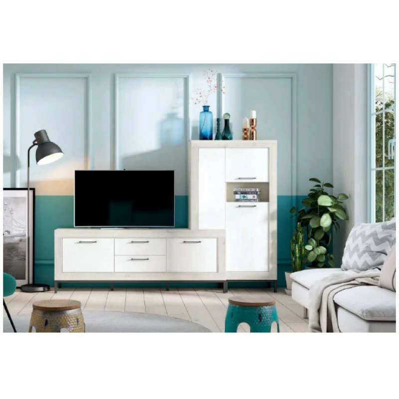 Mueble de TV compuesto: modulo bajo 4 cajones + armario 3 puertas