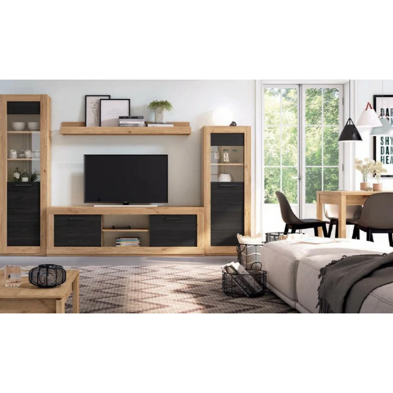 Conjunto de muebles de salón con mesa elevable en madera natural y negro