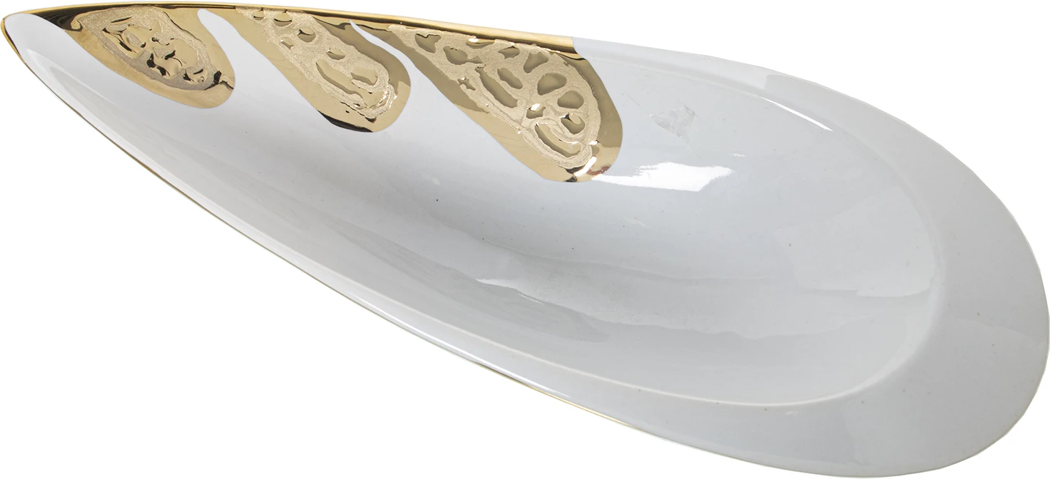 Centro cerámica blanco con 3 hojas doradas