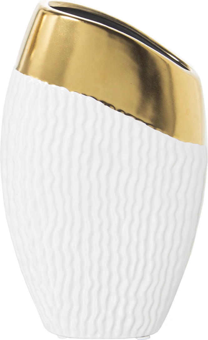 Jarrón cerámica blanco con boca dorada 30 cm