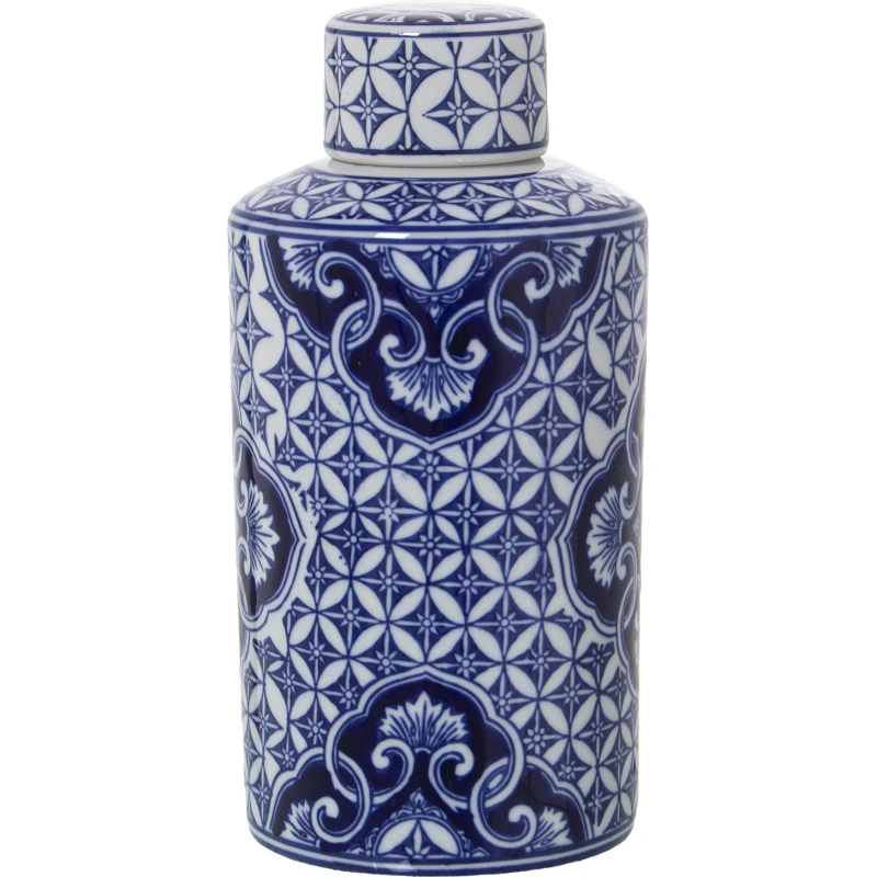 Tibor de cerámica dibujo blanco/azul 30 cm