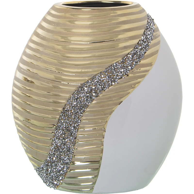 Jarrón de cerámica blanco, champagne y brillos 20 cm