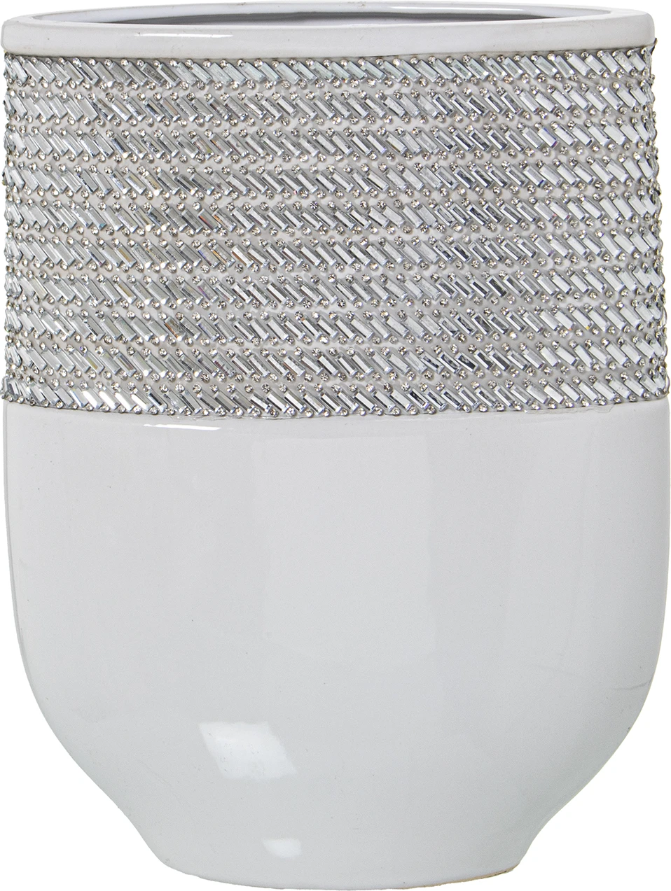 Jarrón de cerámica blanco brillo detalle plateado 25 cm