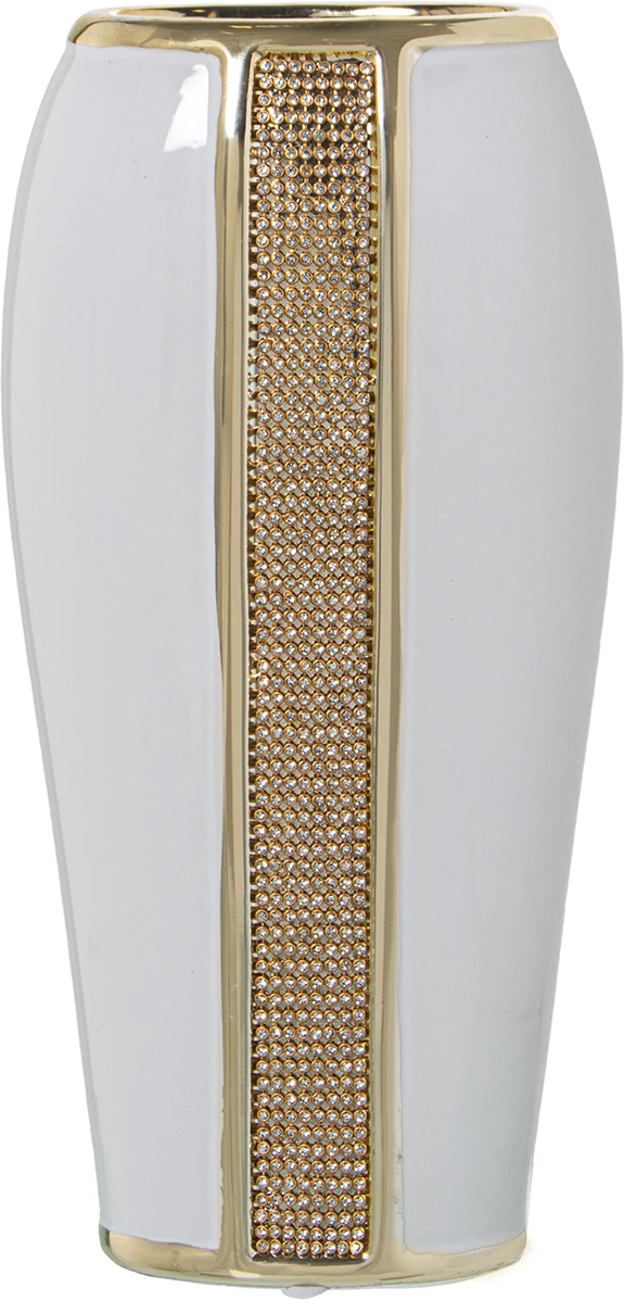 Jarrón de cerámica blanco brillo con detalle dorado 30 cm