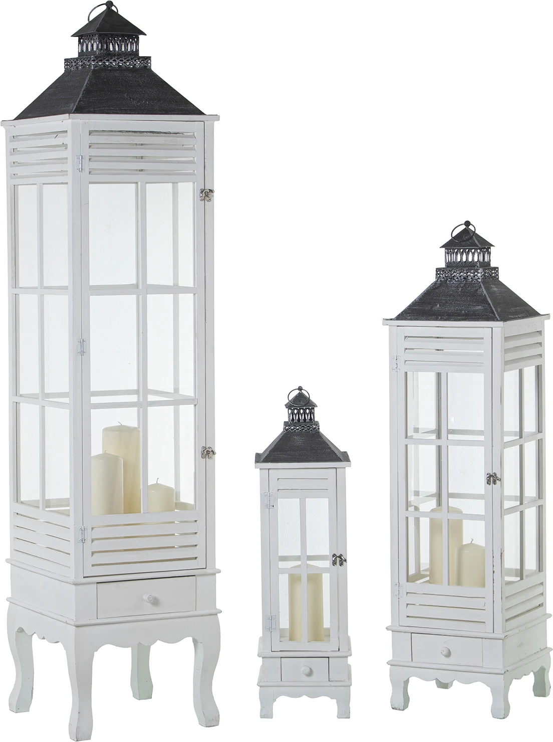 Set de 3 faroles portavelas de madera blanca y techo gris oscuro