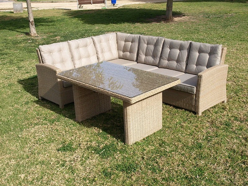 Conjunto rinconera + mesa con tapa de cristal fibra sintética marrón claro