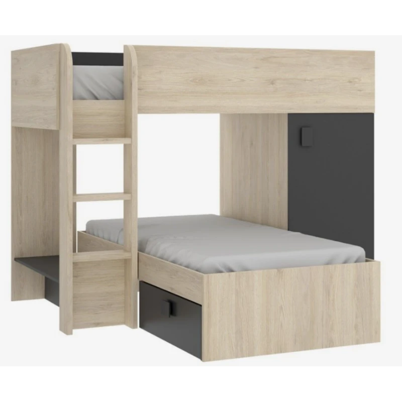 Cama tren de 2 camas natural/grafito + 2 cajones + 1 armario