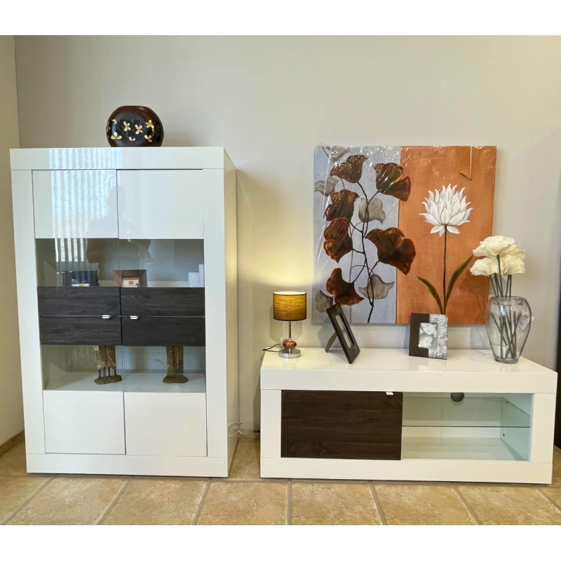 Mueble salón TV + vitrina blanco brillo/wengue 2,45 m