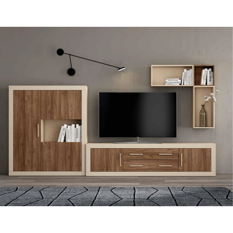 Composición de salón bajo TV + módulo de 3 puertas + alto y cubo colgado - Imagen 2