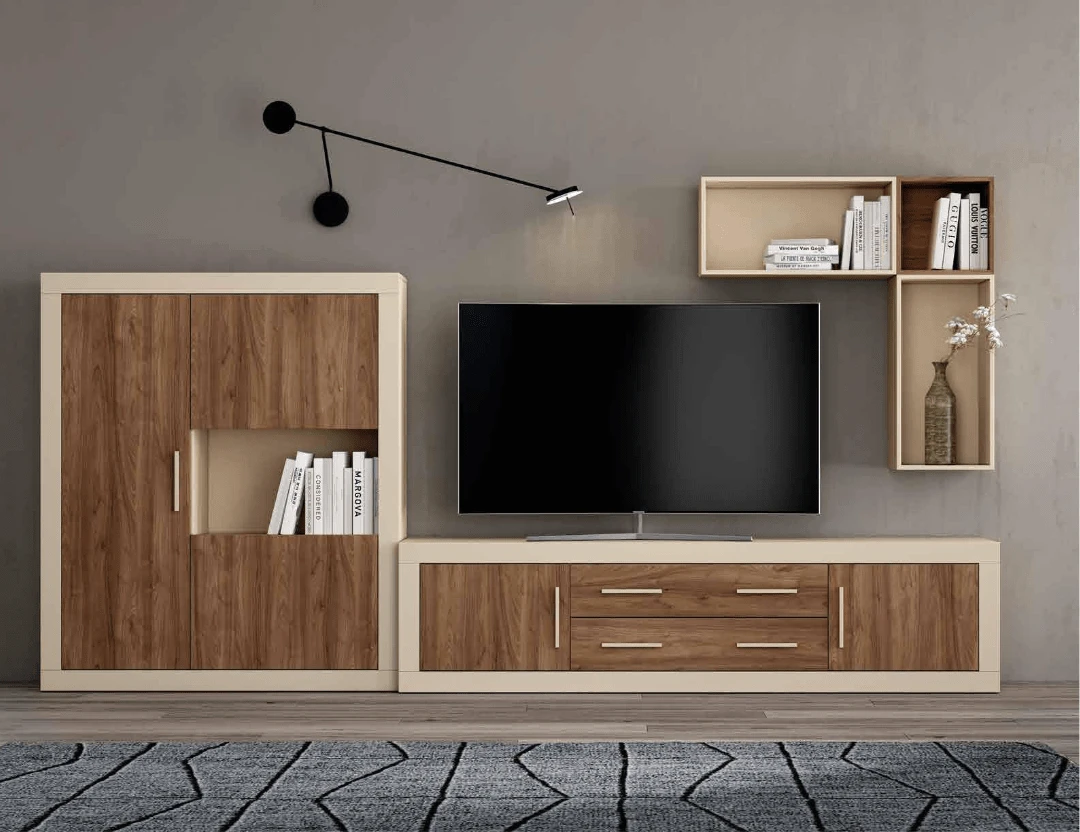Composición de salón bajo TV + módulo de 3 puertas + alto y cubo colgado - Imagen 2