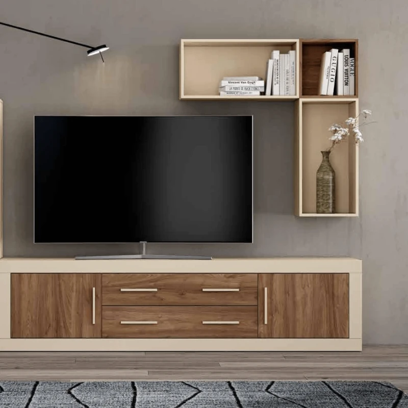 Composición de salón bajo TV + módulo de 3 puertas + alto y cubo colgado