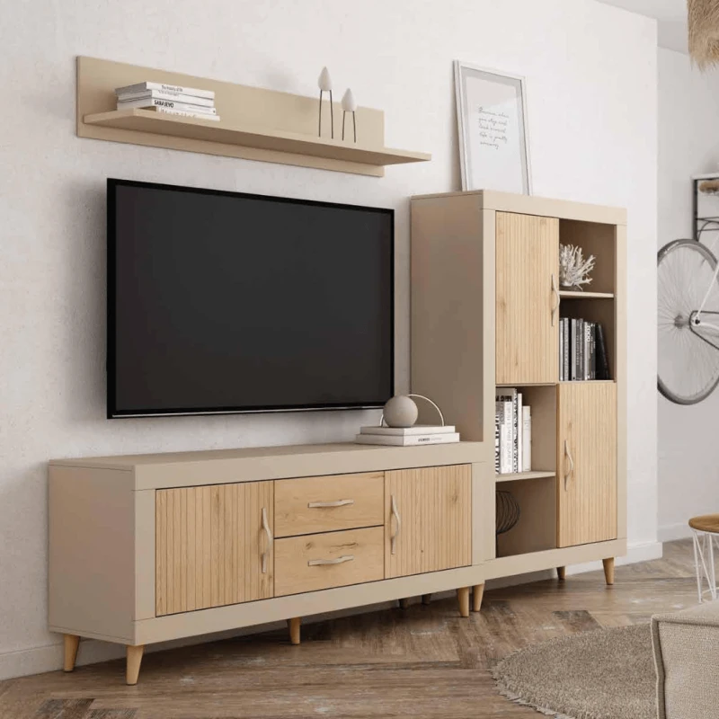 Mueble de TV + módulo + estanteria perla/roble/lined roble