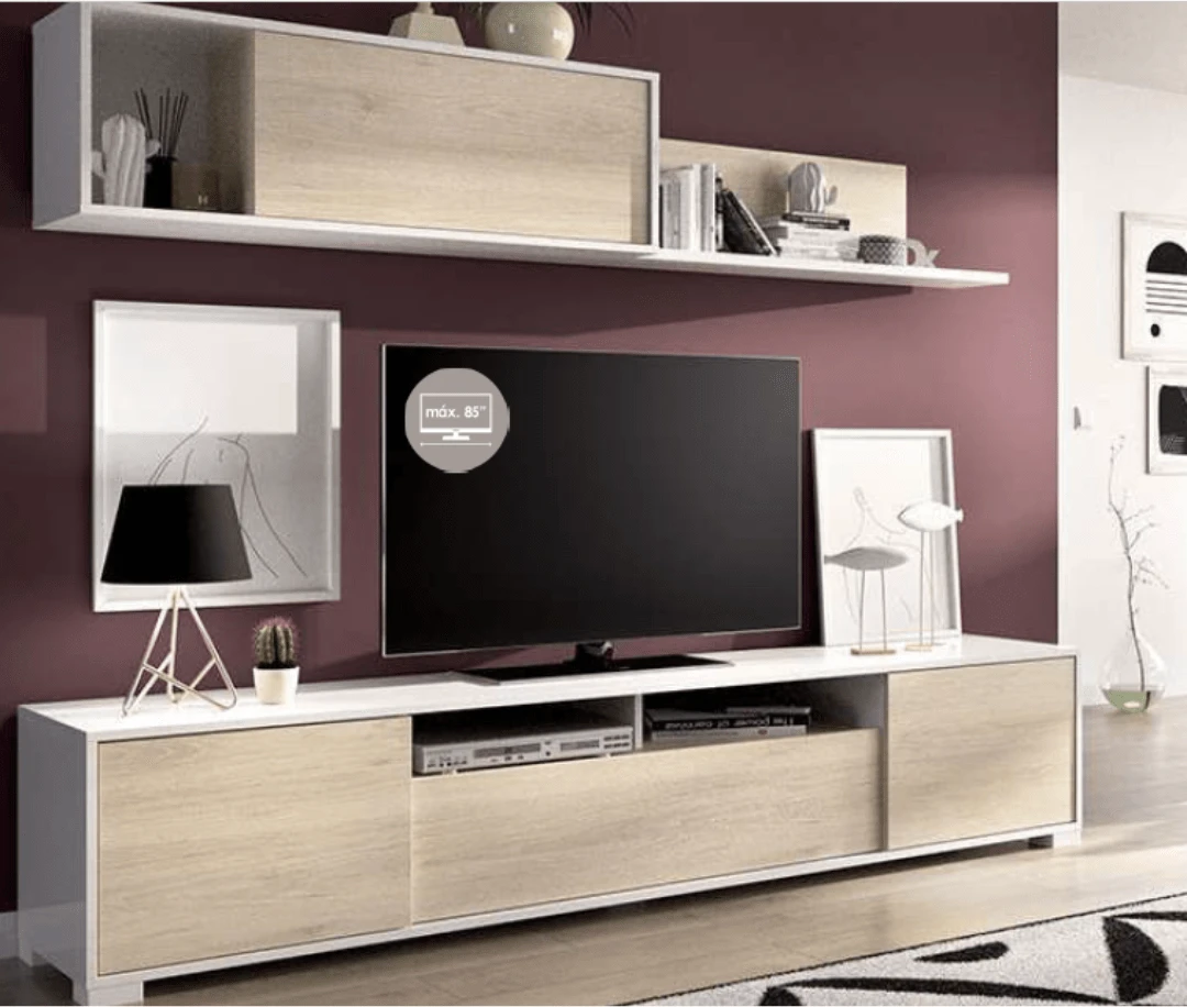 Mueble de TC con puertas + estante de pared blanco brillo/natur