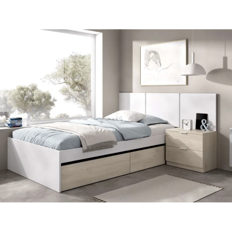 Cabecero + mesita + aro de cama + 2 cajones blanco/natural