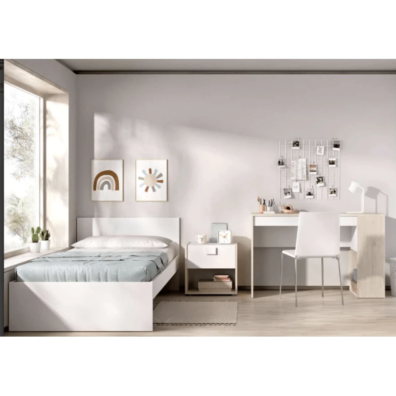 Dormitorio juvenil blanco/natural con cama + mesita + escritorio