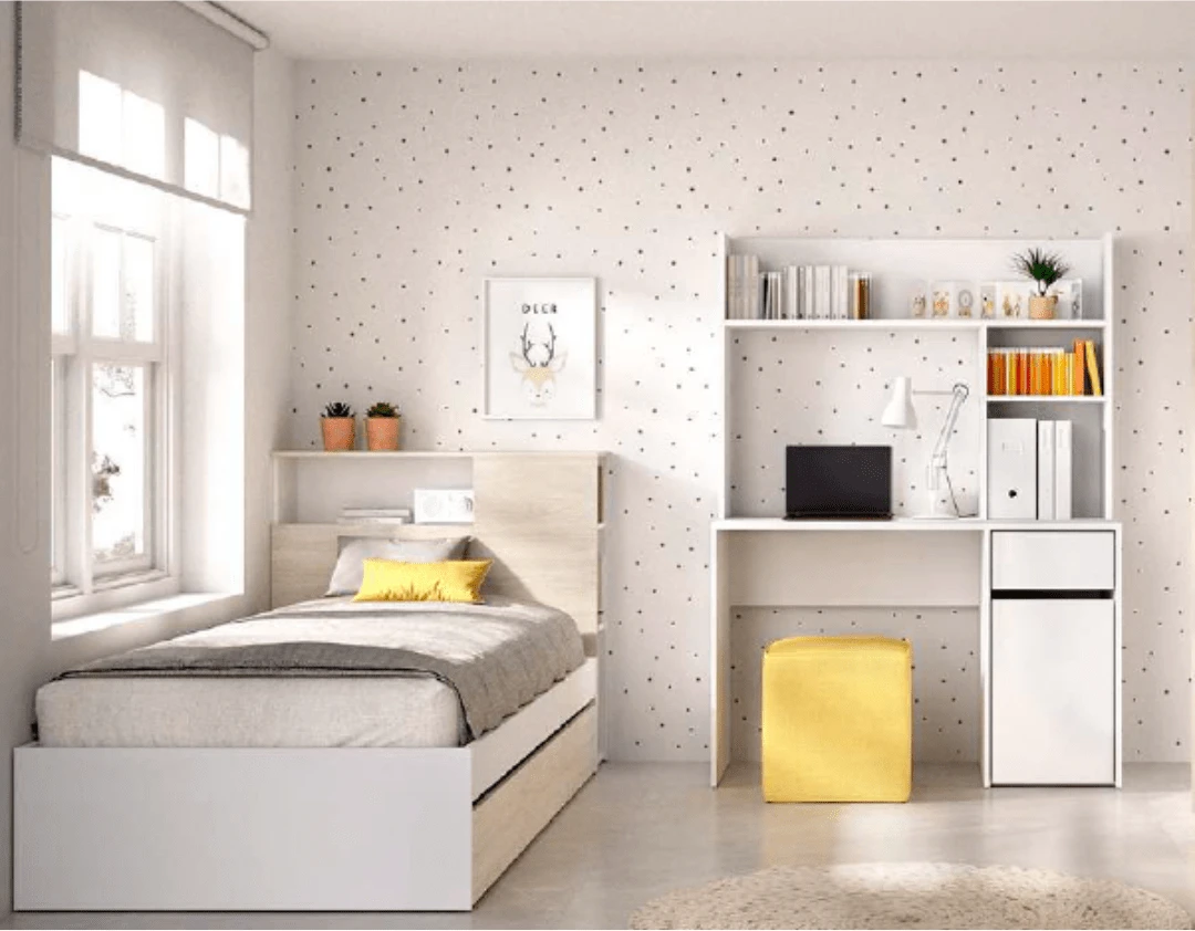 Dormitorio juvenil con cabezal + arrastre + escritorio + armario 2 puertas