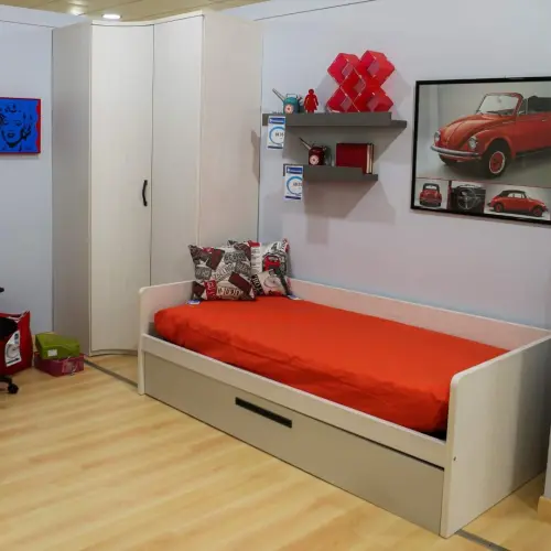 Cama nido y armario rinconero color abedul/gris