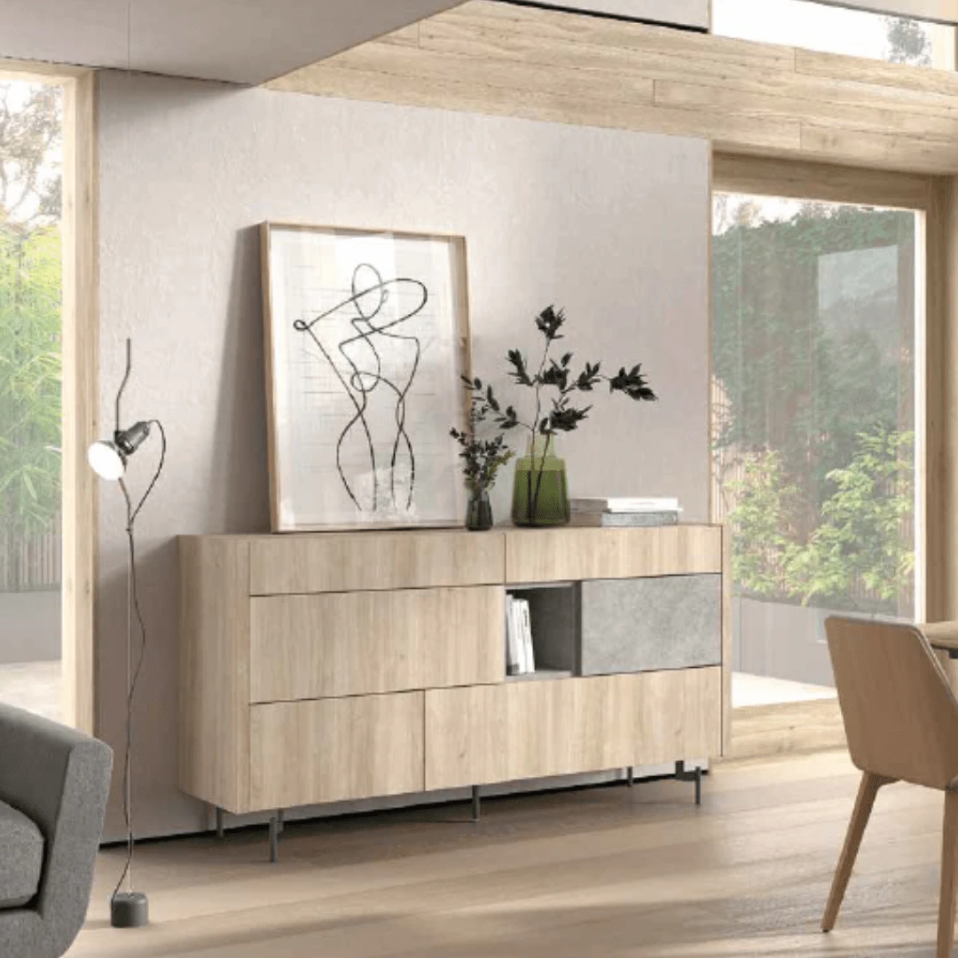 Aparador de 2 cajones + 4 puertas roble claro/caliza gris