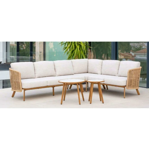 Sofá y mesa de jardín de aluminio imitación madera y fibra sintética