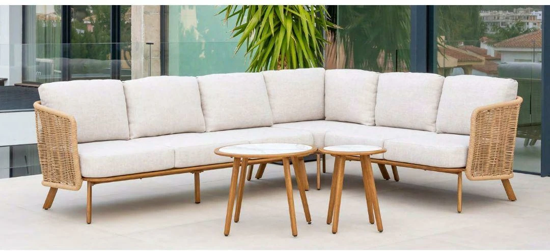 Sofá y mesa de jardín de aluminio imitación madera y fibra sintética