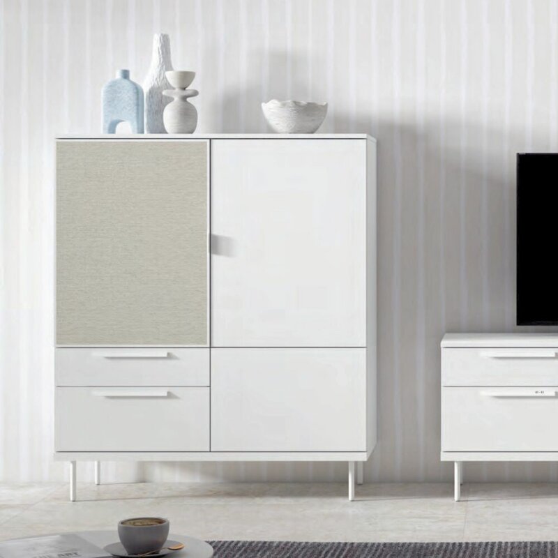 Aparador blanco mate y naturale puerta textil