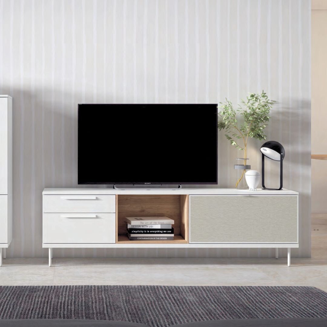 Mueble TV con puerta textil y marco de aluminio blanco mate y naturale