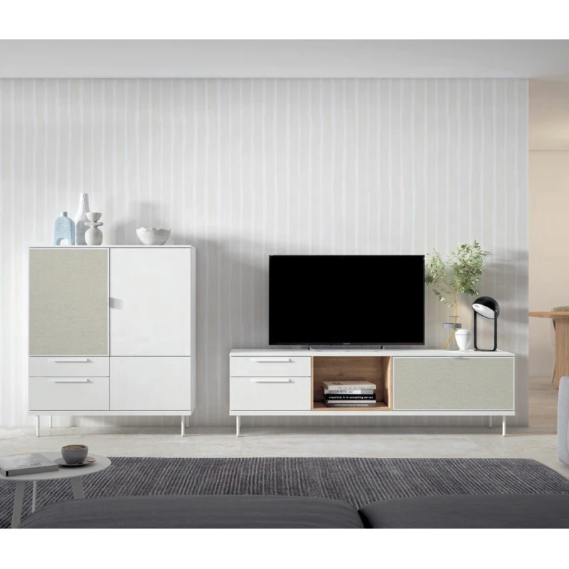 Mueble TV con puerta textil y marco de aluminio blanco mate y naturale - Imagen 2