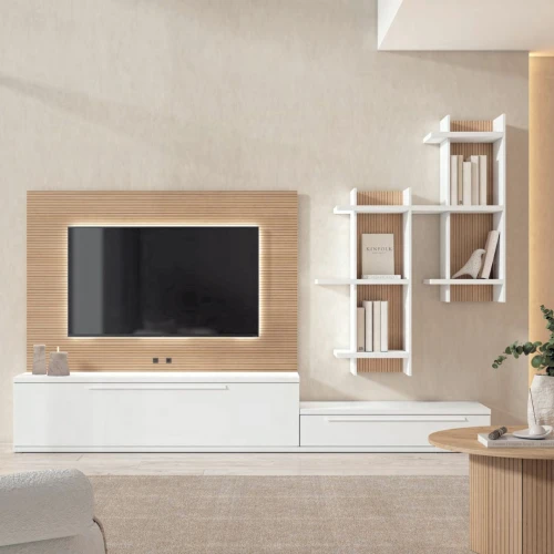 Modular salón blanco mate y rayado con panel TV LED