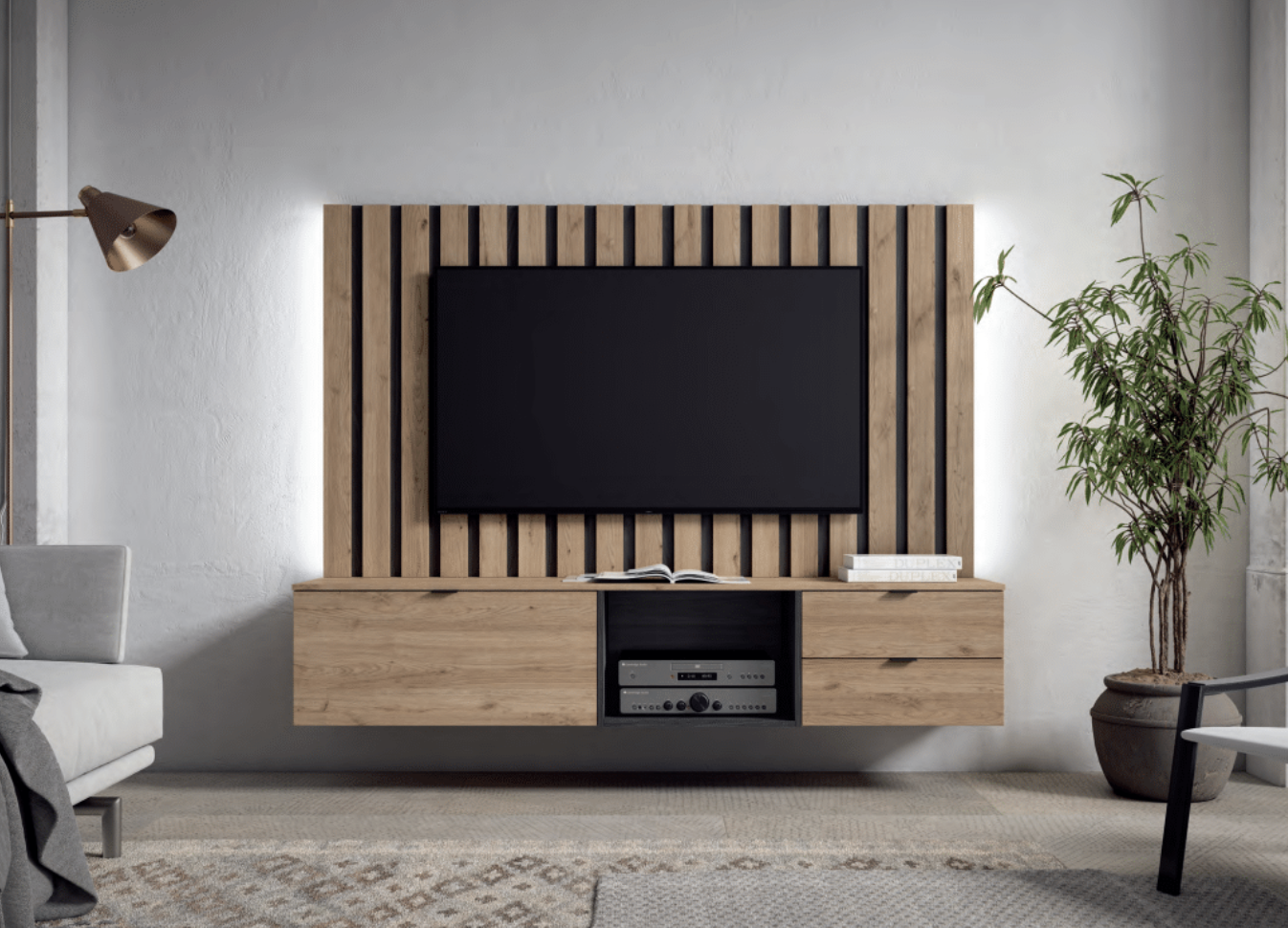 Mueble TV colgado con panel