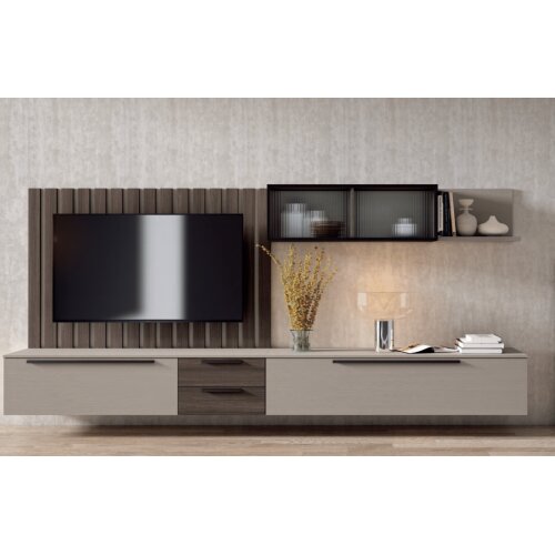 Composición de salón colgada con panel para televisión