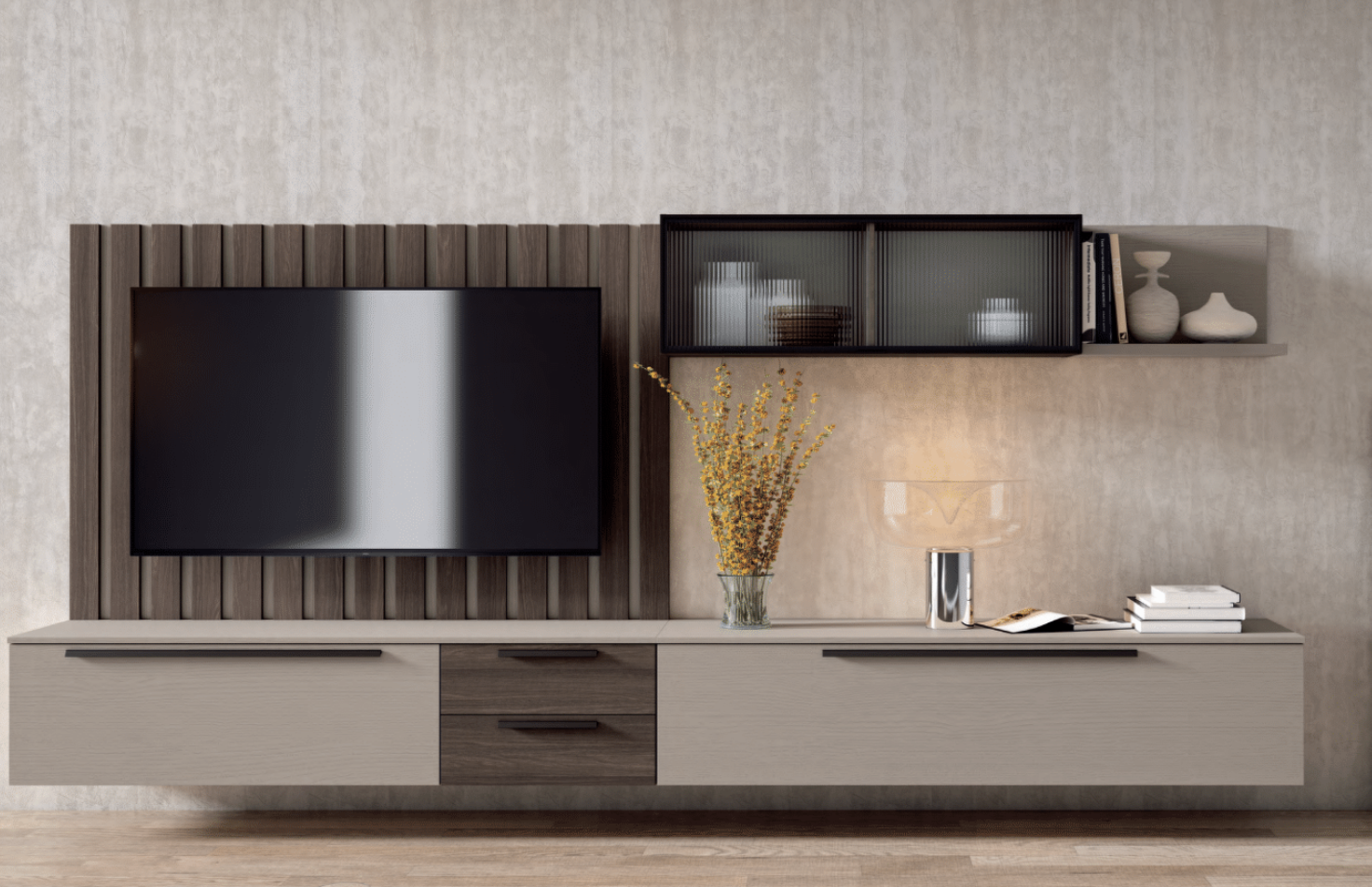 Composición de salón colgada con panel para televisión