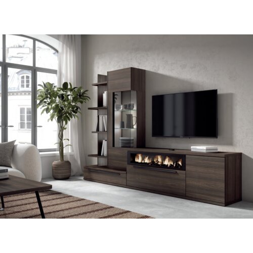 Composición salón con modulo para tv, chimenea, vitrina y estantería