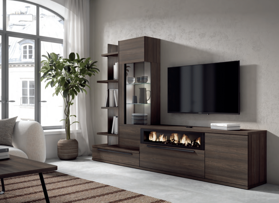Composición salón con modulo para tv, chimenea, vitrina y estantería