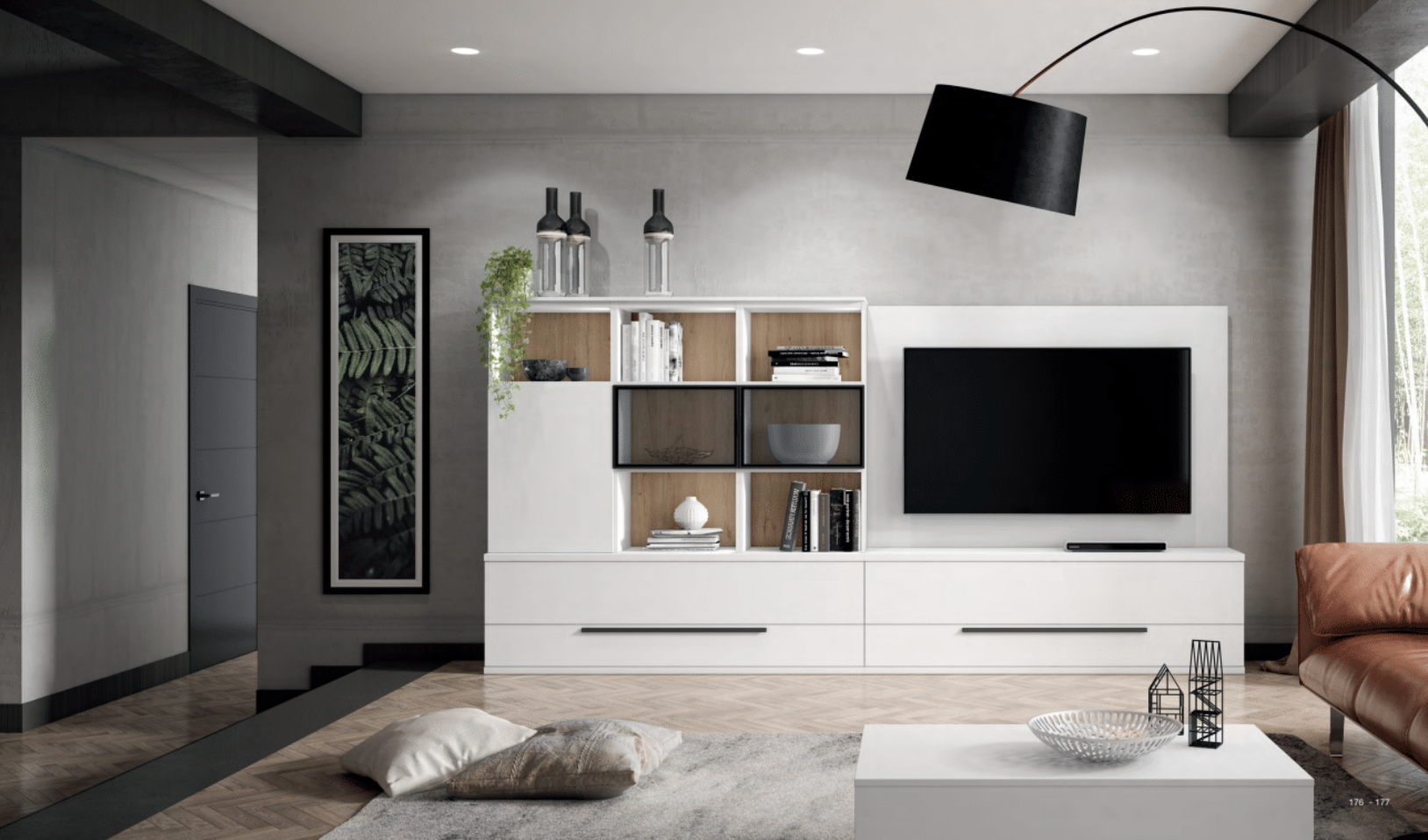 Composición salón con panel y librerías