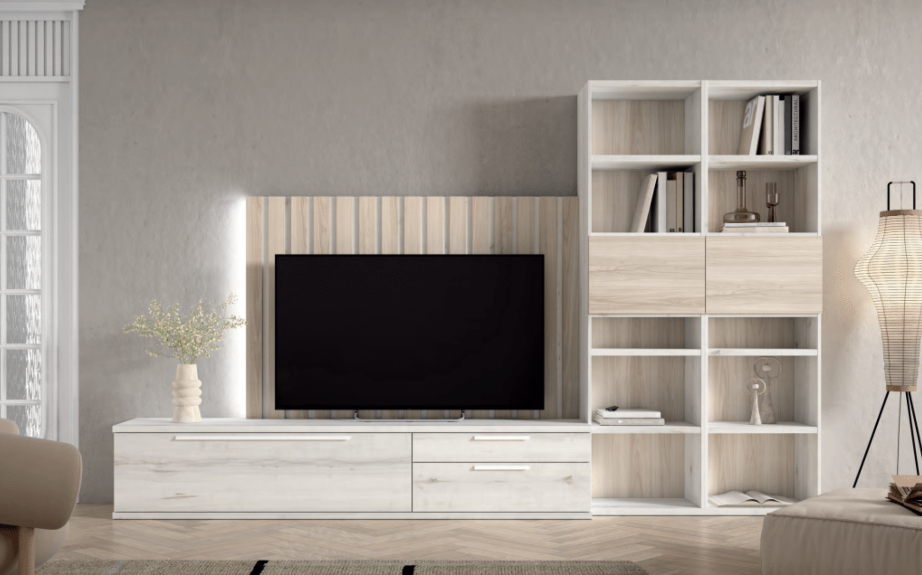 Composición salón con panel y estanterías