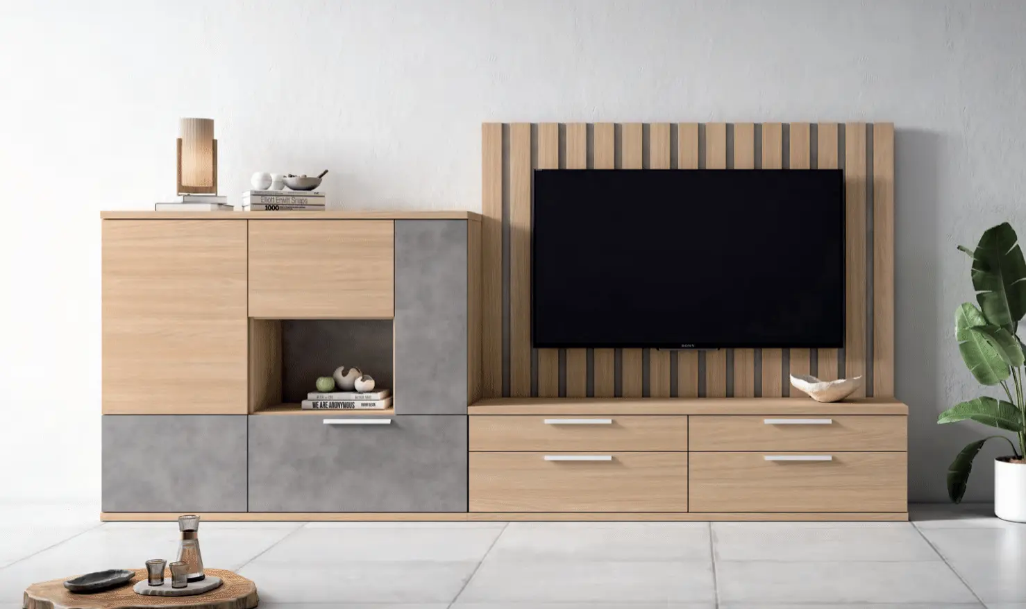 Composición salón con panel TV y vajillero