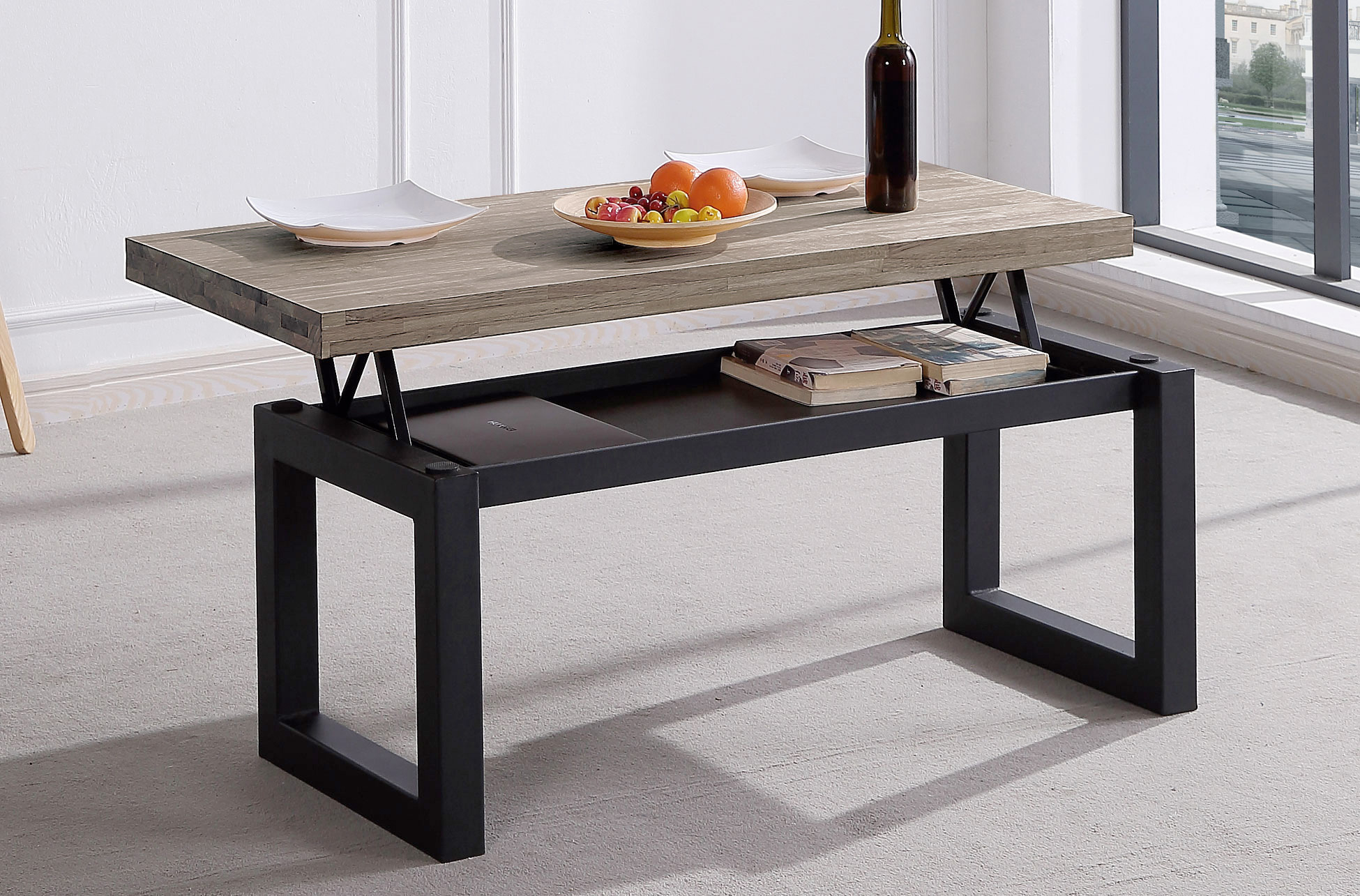 MESA CENTRO ELEVABLE LOFT 120 x 60 CM ROBLE AMERICAN / NEGRO.