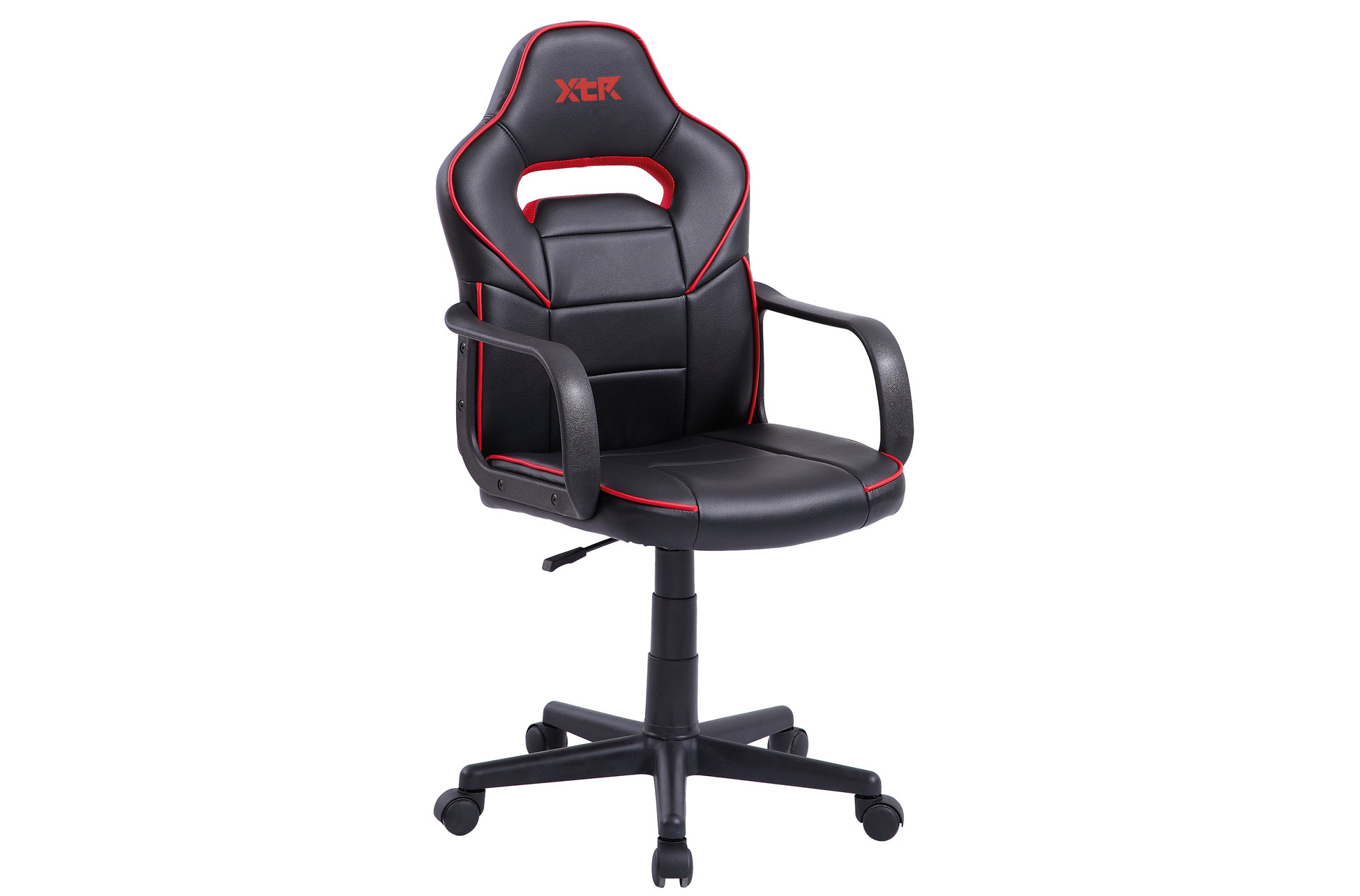 SILLÓN GAMING GIRATORIO XTR JUNIOR SÍMIL PIEL NEGRO - DETALLES EN ROJO.