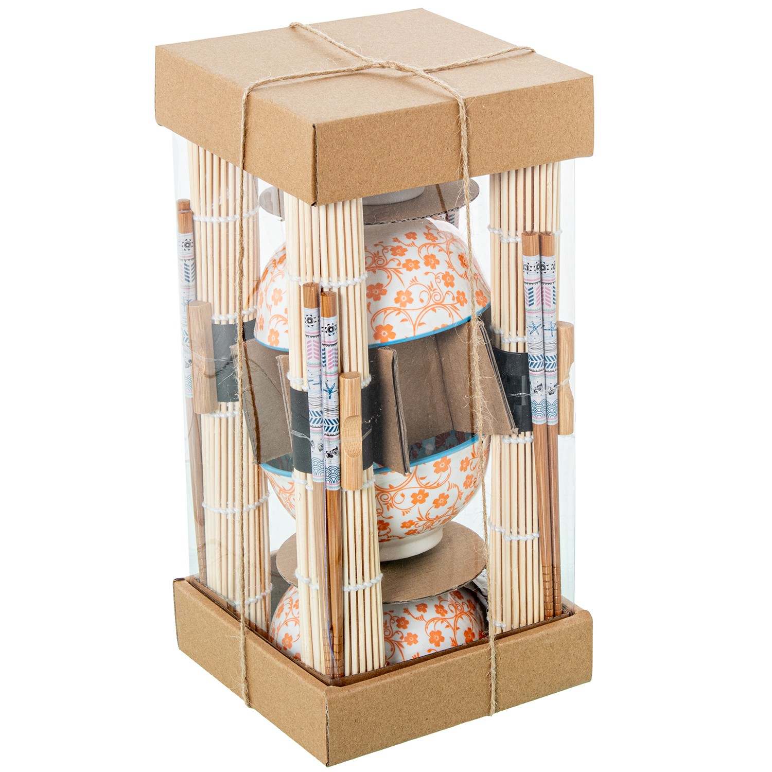 SET 4 CUENCOS PORCELANA C/PALILLOS BAMBÚ+ SALVAMANTELES BAMB