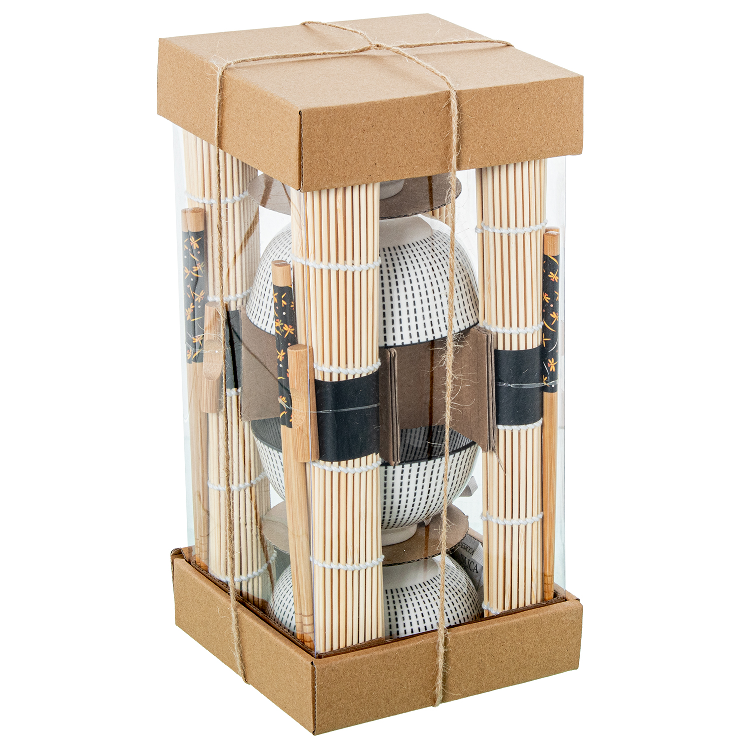 SET 4 CUENCOS PORCELANA C/PALILLOS BAMBÚ+ SALVAMANTELES BAMB