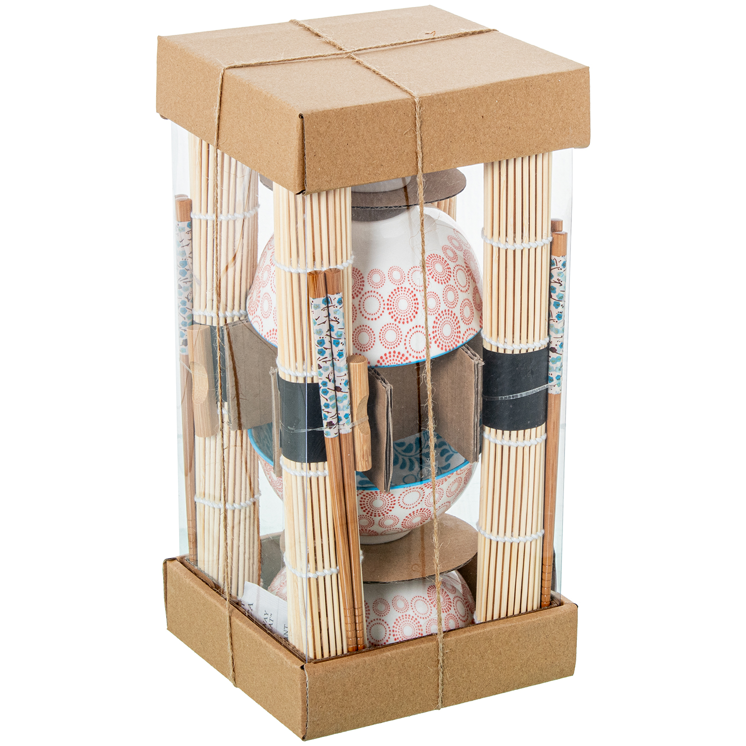 SET 4 CUENCOS PORCELANA C/PALILLOS BAMBÚ+ SALVAMANTELES BAMB