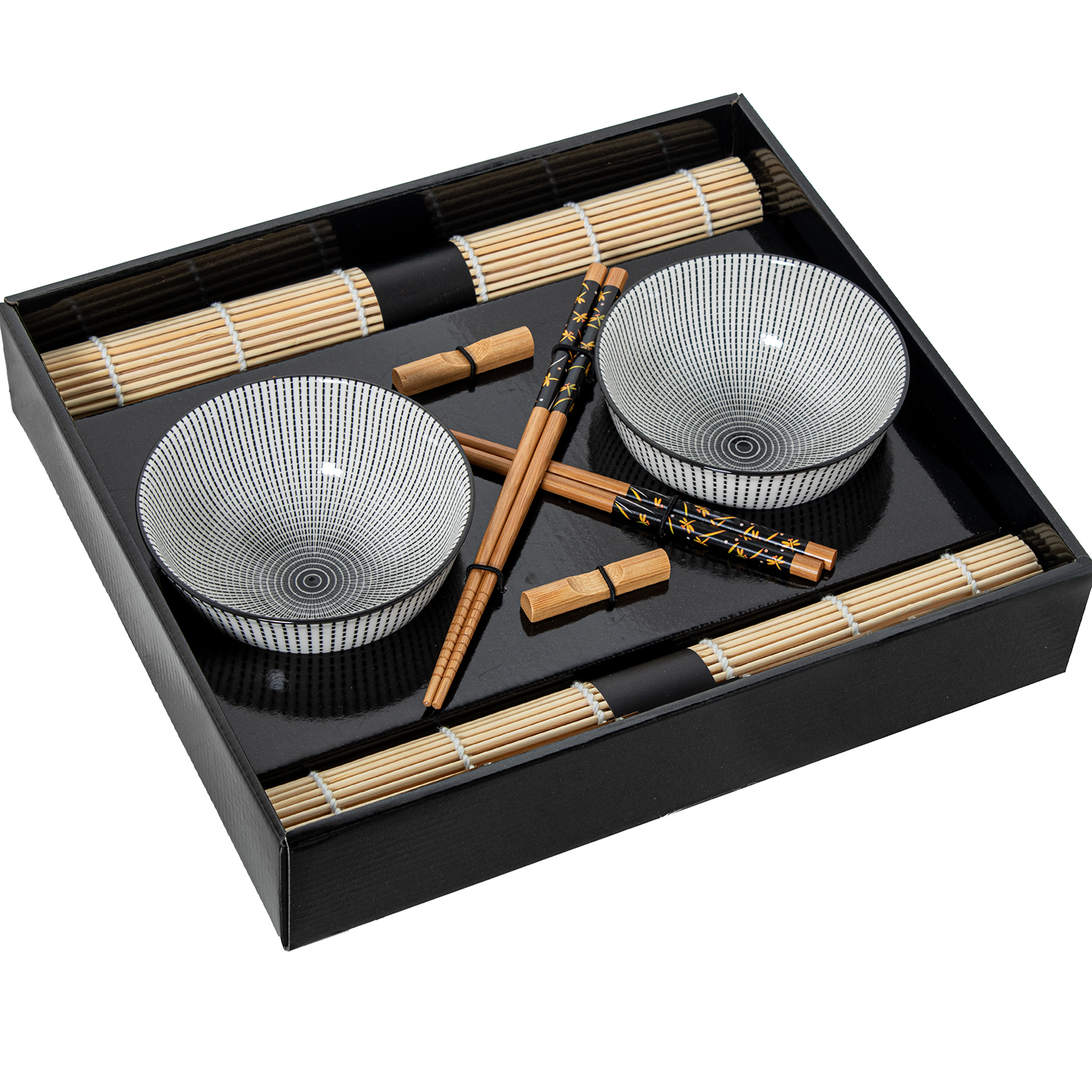 SET 2 CUENCOS PORCELANA C/PALILLOS BAMBÚ+ SALVAMANTELES BAMB