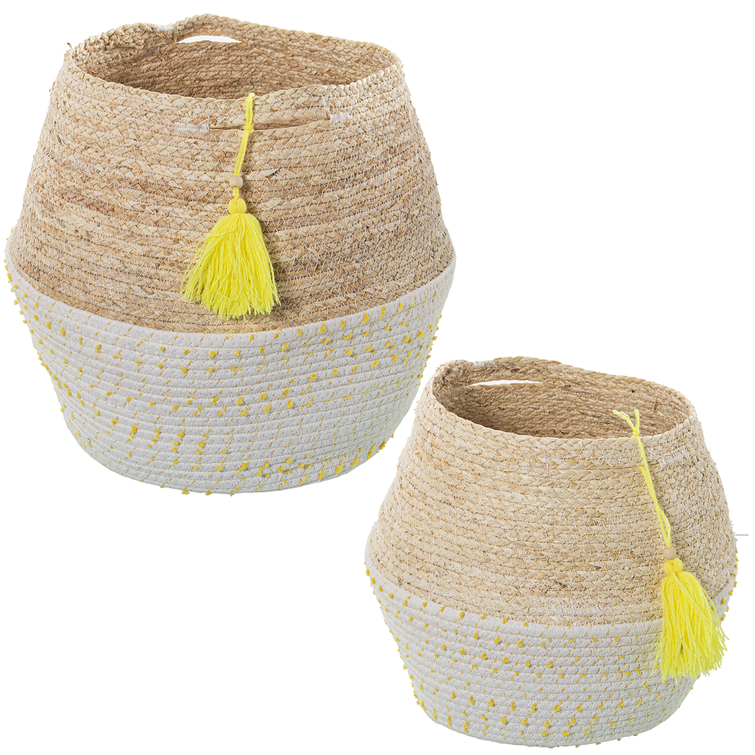 SET 2 CESTOS HOJAS MAÍZ/ALGODÓN NATURAL C/LUNARES AMARILLOS