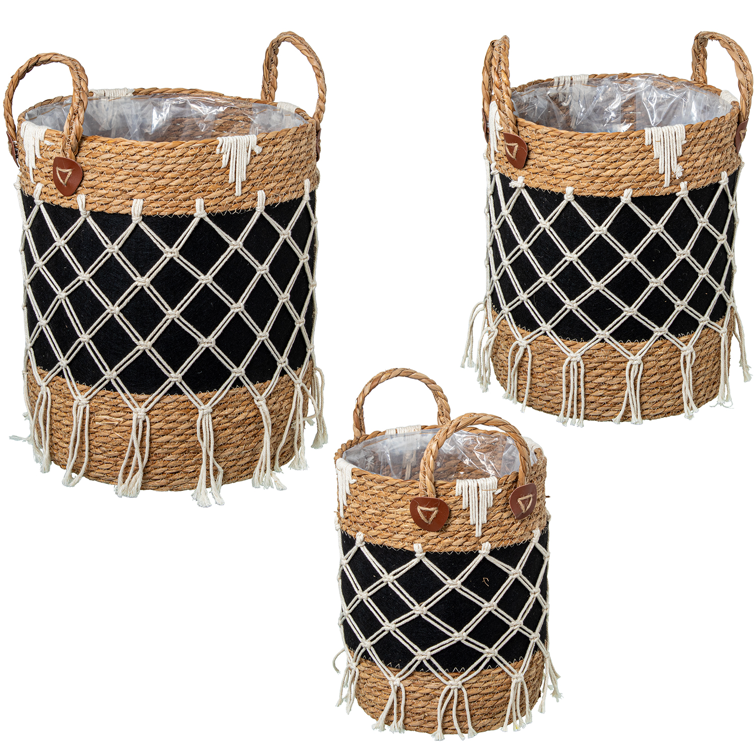 SET 3 CESTOS MIMBRE NATURAL TELA BLANCA C/FLECOS