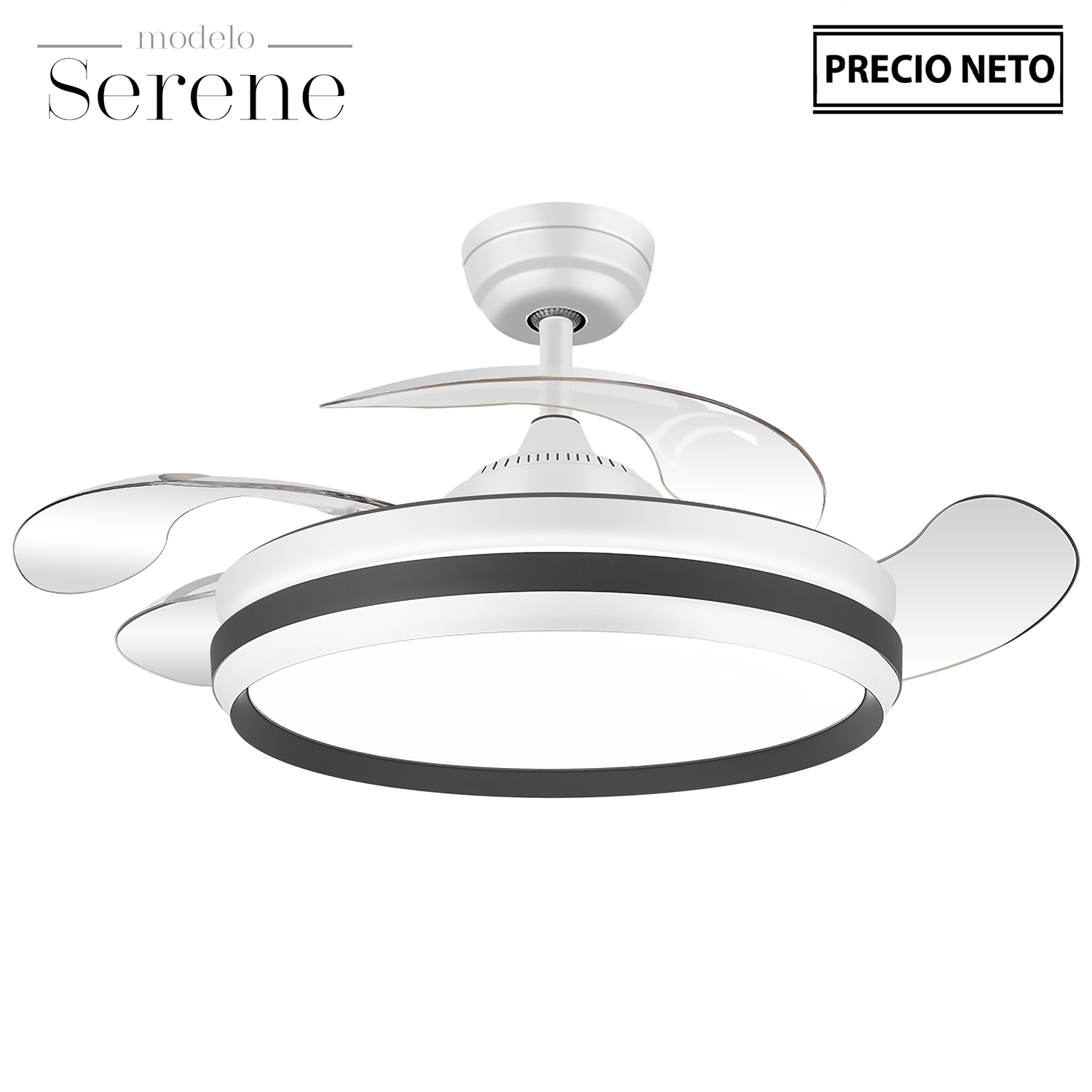 VENTILADOR TECHO C/LUZ SERENEL BLANCO 4 ASPAS RETRÁCTILES