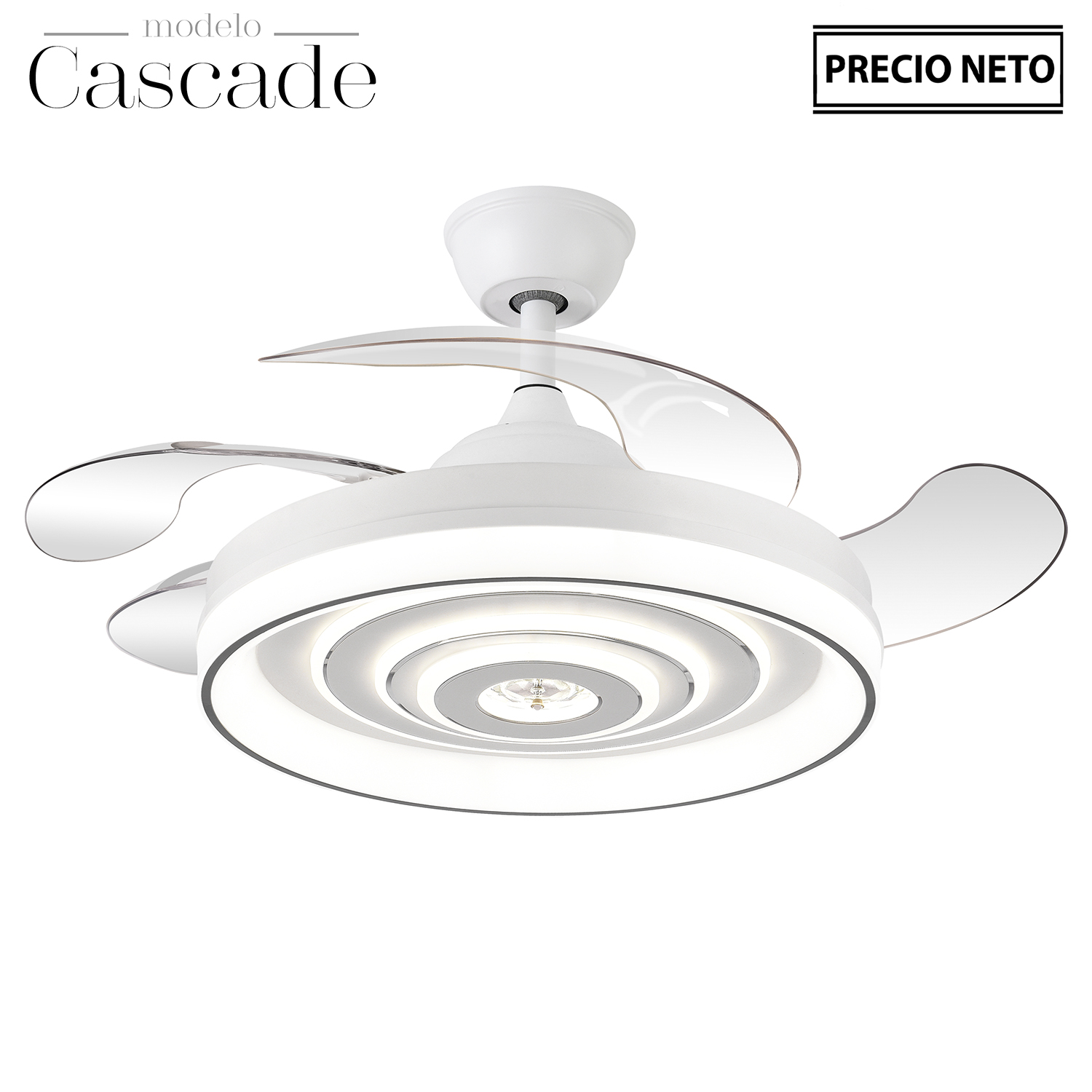 VENTILADOR TECHO C/LUZ CASCADEBLANCO 4 ASPAS RETRÁCTILES