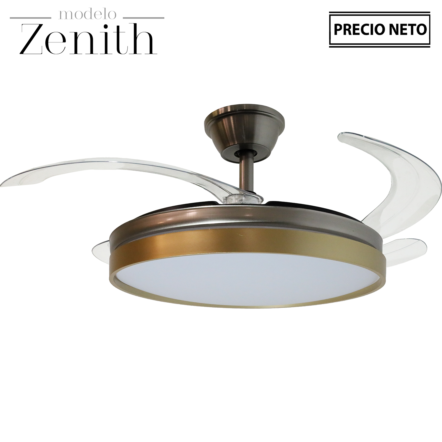 VENTILADOR TECHO C/LUZ ZENITHPLATA MATE 3 ASPAS RETRÁCTILES