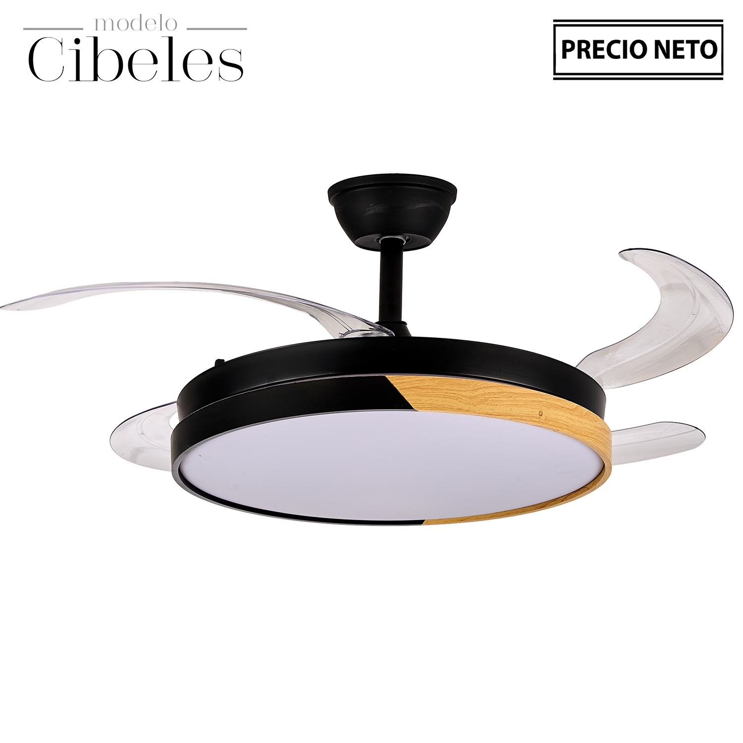 VENTILADOR TECHO C/LUZ CIBELES BLANCO/MADERA 4 ASPAS RETRÁCT